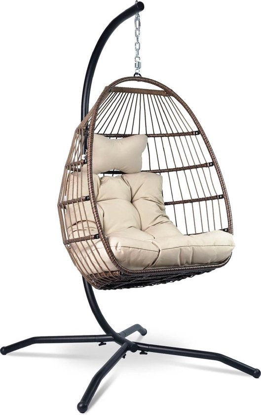 Vita5 Chaise Suspendue Œuf – Pour Intérieur et Extérieur – jusqu'à 150 kg – Pliable - Incl. Support & Coussin – Chaise Cocoon - Blanc Crème