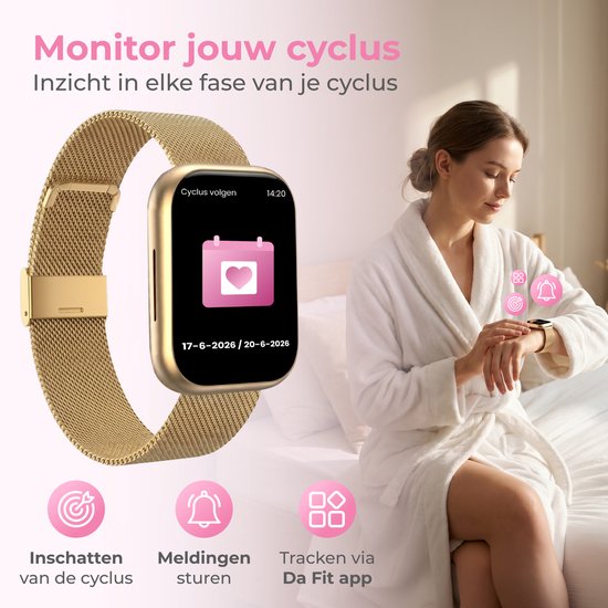 Montre connectée Nuvance pour femme - Montre podomètre pour femme - Cardiofréquencemètre - Montre de sport - Compatible iOS/Android - Écran AMOLED - 5 bracelets inclus - Couleur or