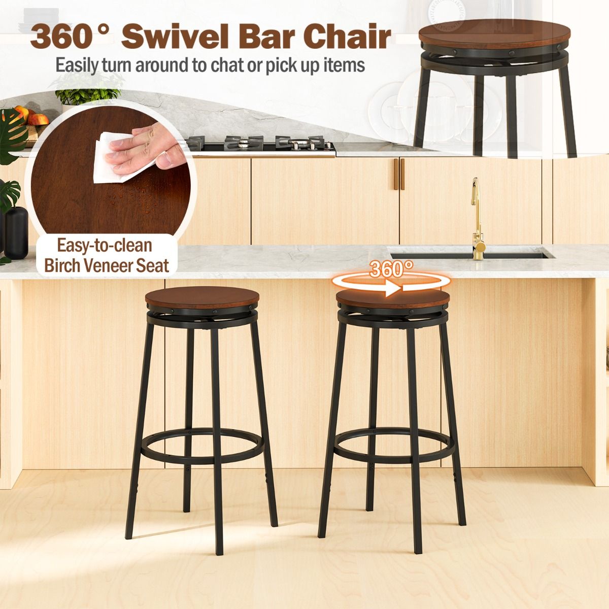 Lot de 2 tabourets de bar Coast - hauteur réglable - pivotants à 360° - marron rustique et noir