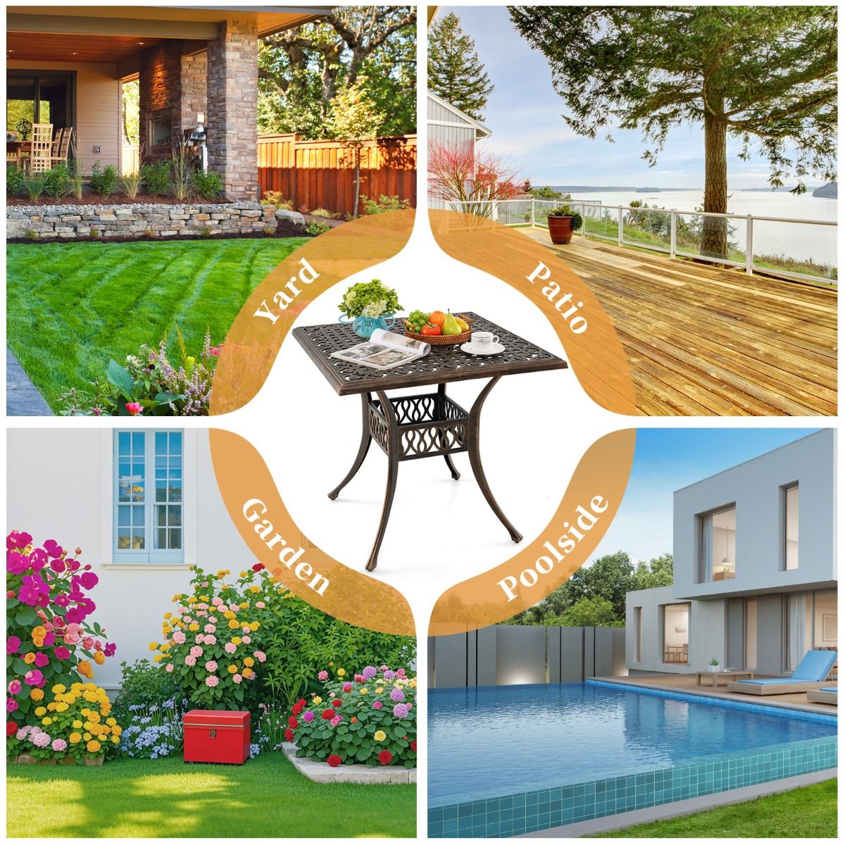 Table de terrasse carrée Coast - Aluminium moulé - Trou pour parasol de 4,8 cm - Bronze - 80 x 80 x 75 cm