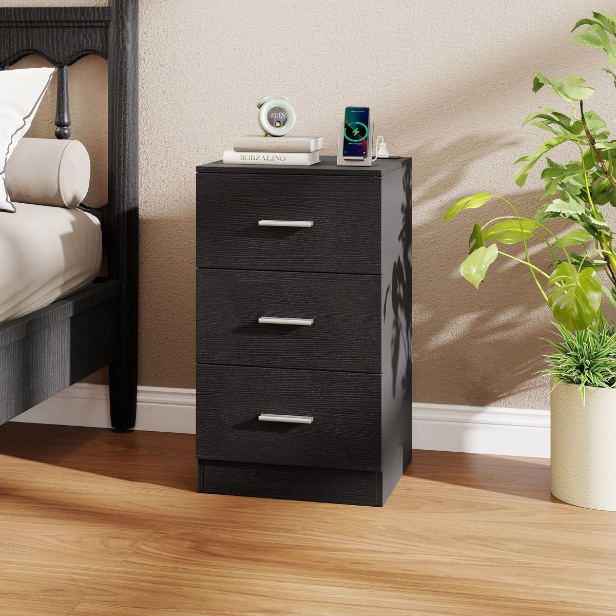 Table de chevet Coast avec station de recharge - 3 tiroirs - Finition bois - Blanc/Noir - 38 x 35 x 66 cm