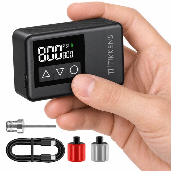 Pompe à vélo électrique Tikkens® AirGo XS - Mini-compresseur - 118 grammes - Portable - Écran numérique - Vélo de course - Vélo de route - Vélo de gravel - Vélo de sport - Vélo de ville - VTT - Trottinette - Fatbike - Rechargeable via USB-C - Presta/Schra