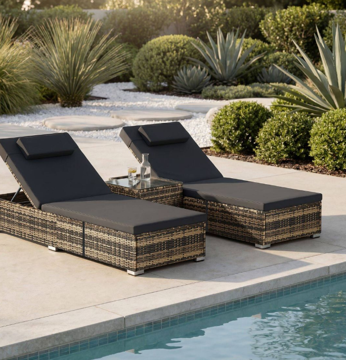Tectake : transat double en osier Carbonera - Couleur naturelle - 62 x 196 x 36 cm - Lot de 2, avec table d'appoint