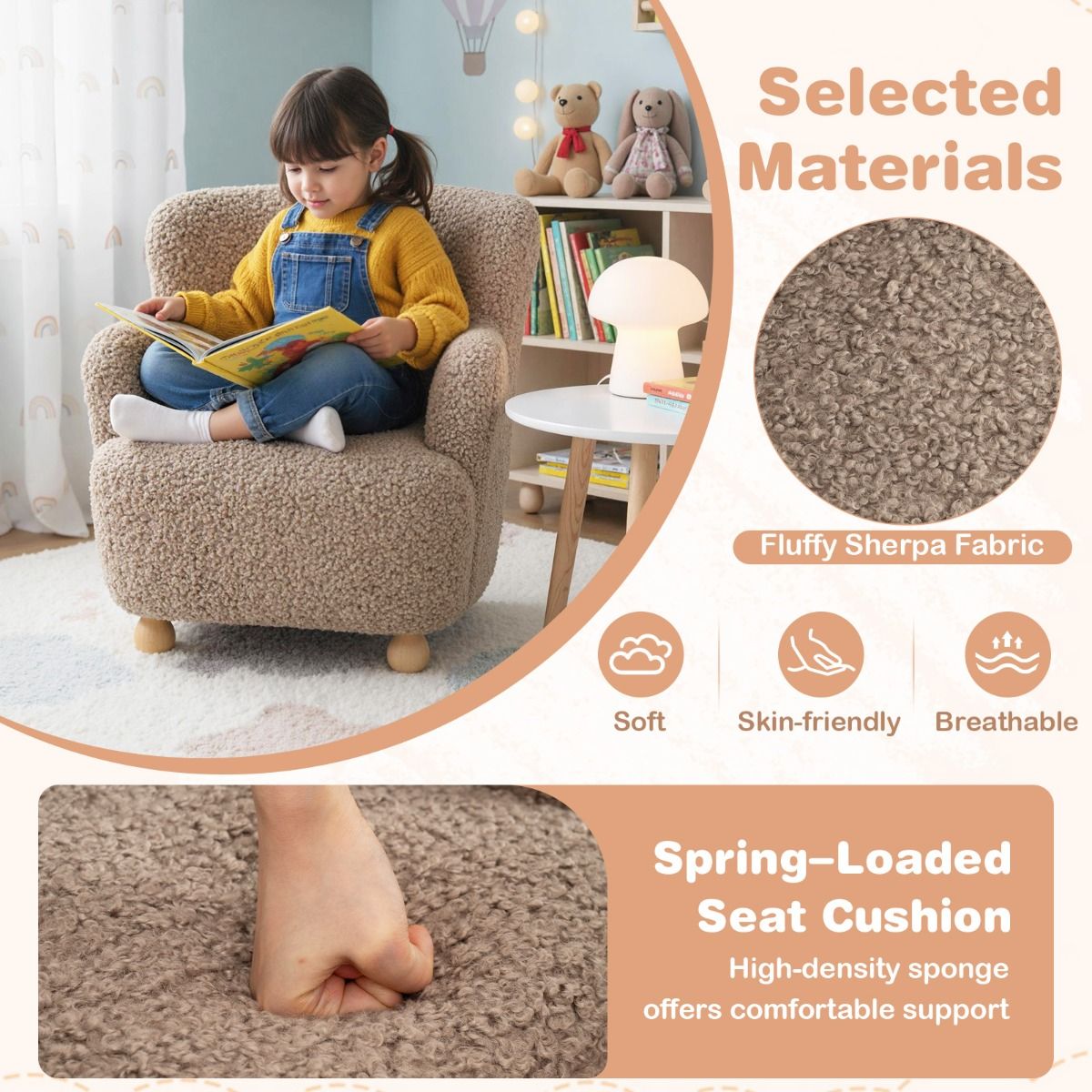 Fauteuil pour enfant Coast avec dossier - pieds en bois - chaise rembourrée pour enfant - marron clair