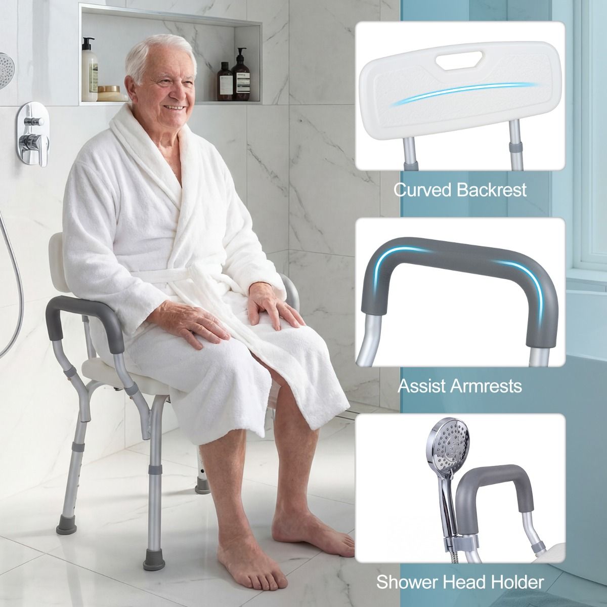 Chaise de douche Coast avec dossier - accoudoirs rembourrés - réglable sur 6 hauteurs - blanc et argent