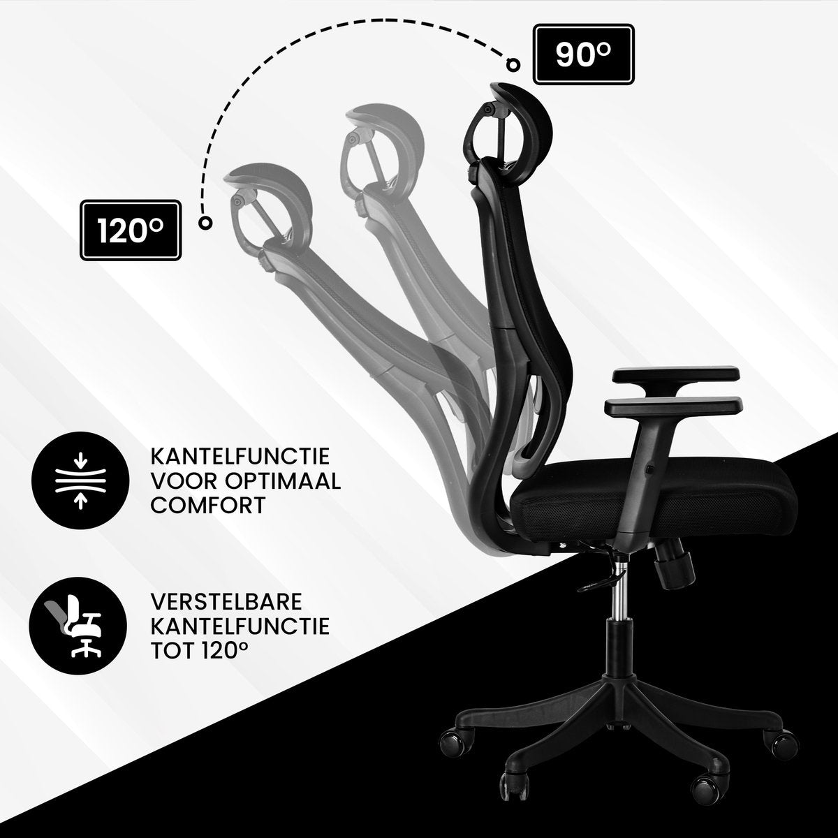 Fauteuil de bureau ergonomique Bayt - Tissu maillé avec appui-tête et soutien lombaire - Noir - 64 x 59 x 121-131 cm