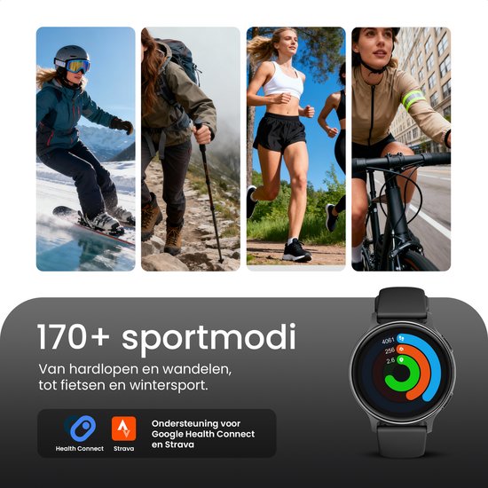 Maoo Ventura 2 - Montre connectée GPS pour femme - Écran AMOLED - Bracelet en silicone, en cuir et de sport - Podomètre - Cardiofréquencemètre - Suivi du sommeil - Fonction d'appel - AOD - Multisport - Compatible avec Android et iOS - Noir