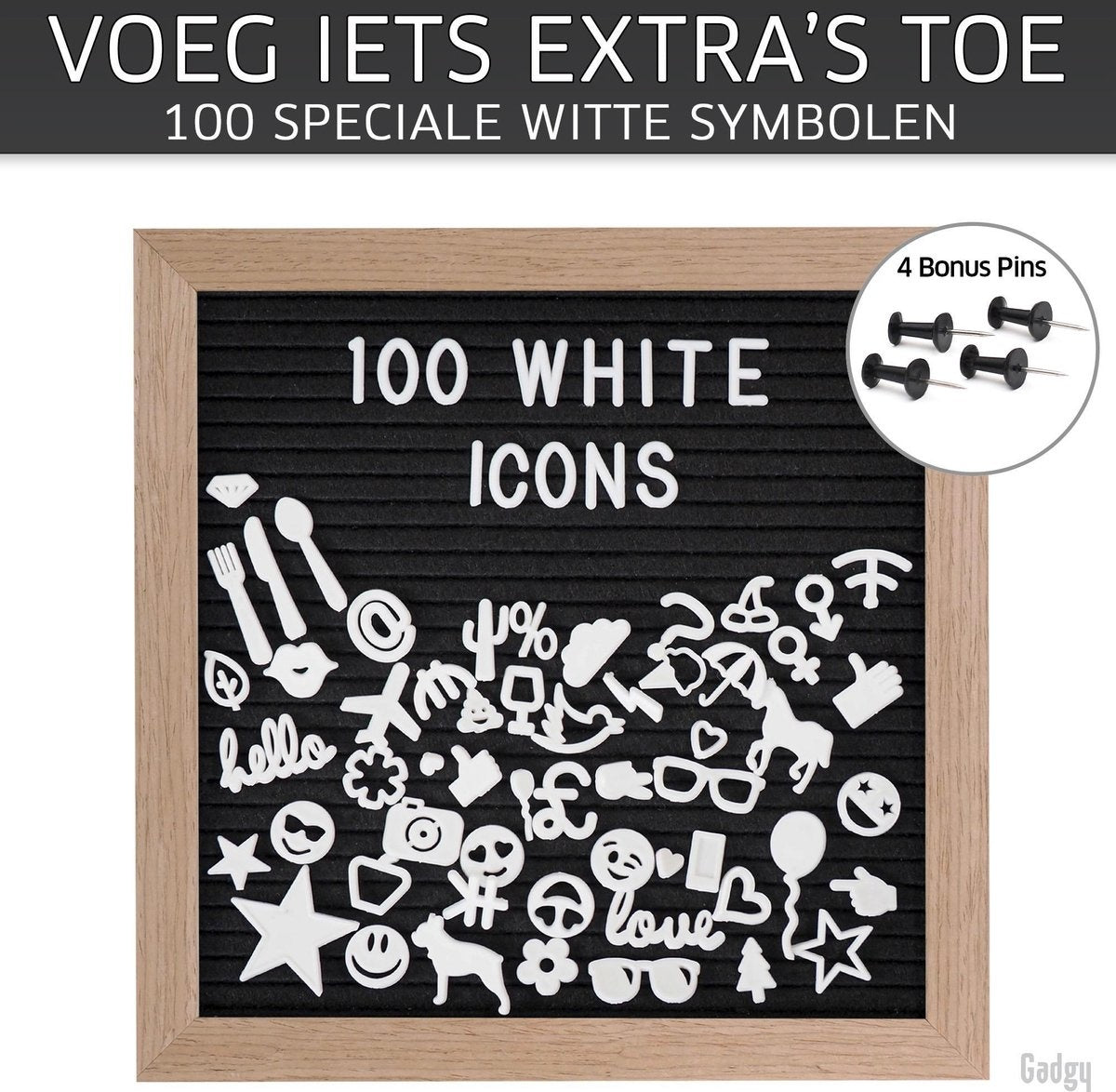Gadgy Letterbord Zwart Vilt - Houten Lijst 25x25CM - Inclusief 570 Kleuren Letters en 100 Icoontjes - Wanddecoratie Woonkamer - Leuk Cadeau Verjaardag