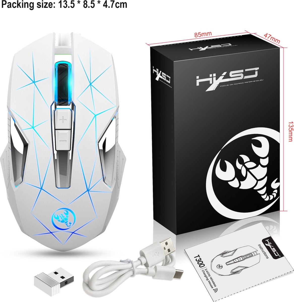 HXSJ T300 2.4G Wireless Gaming Mouse - Souris d'ordinateur - Ultra légère - Compacte pour les voyages - Eclairage RGB - Blanc