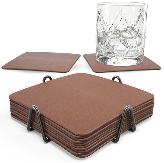 Sous-verres en simili cuir Castagnola – Sous-verres pour verres – Sous-verres design avec support – Lot de sous-verres en cuir avec support métallique – Cuir – Lot de 10 – Marron – 10 x 10 cm