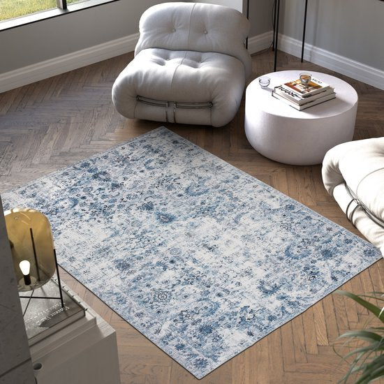 tectake® Tapis au design vintage - Tapis à poils ras - Tapis Boho - Pour le salon, la chambre à coucher, la chambre d'enfant ou d'adolescent - Lavable - 160cm x 230cm - bleu