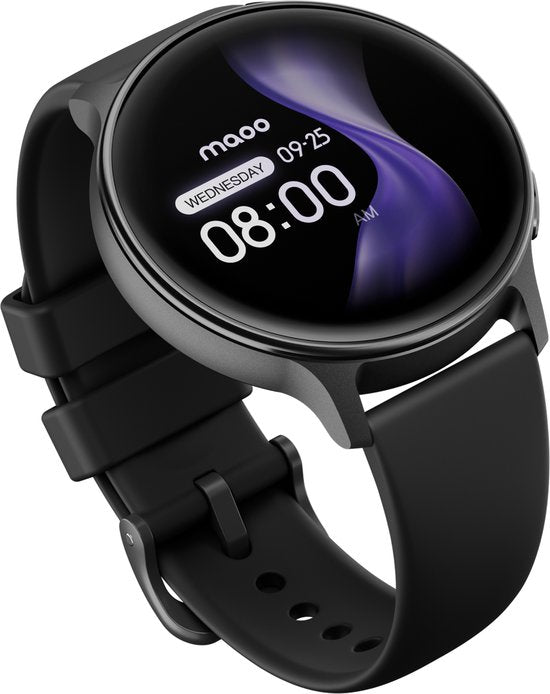 Maoo Ventura 2 - Montre connectée GPS pour femme - Écran AMOLED - Bracelet en silicone, en cuir et de sport - Podomètre - Cardiofréquencemètre - Suivi du sommeil - Fonction d'appel - AOD - Multisport - Compatible avec Android et iOS - Noir