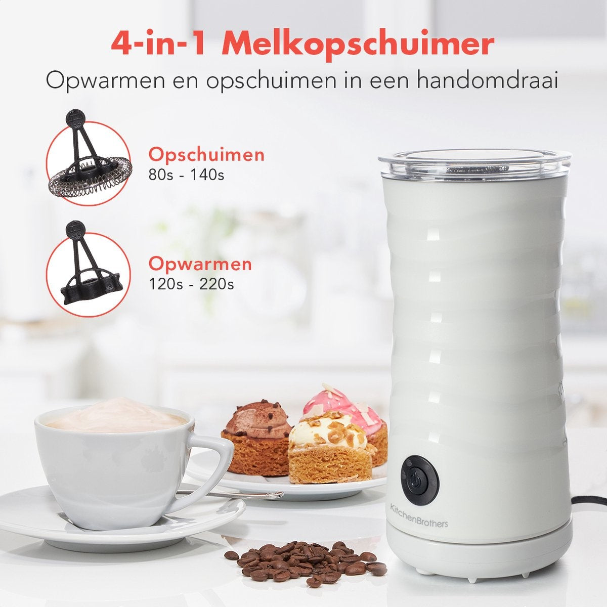 Mousseur à Lait Électrique 4 en 1 KitchenBrothers, 400W avec Chauffe Lait Automatique et 2 Fouets, Capacité de 240 ml, Blanc