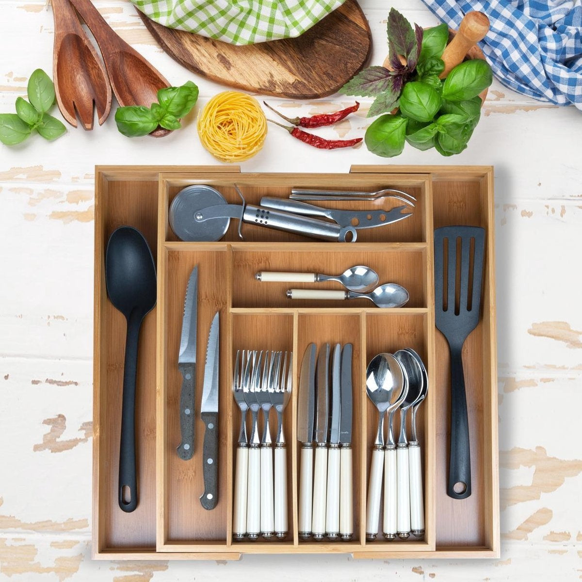 KitchenBrothers Range-couverts - Tiroir à couverts réglable - 30 à 44.5cm - Bois de bambou
