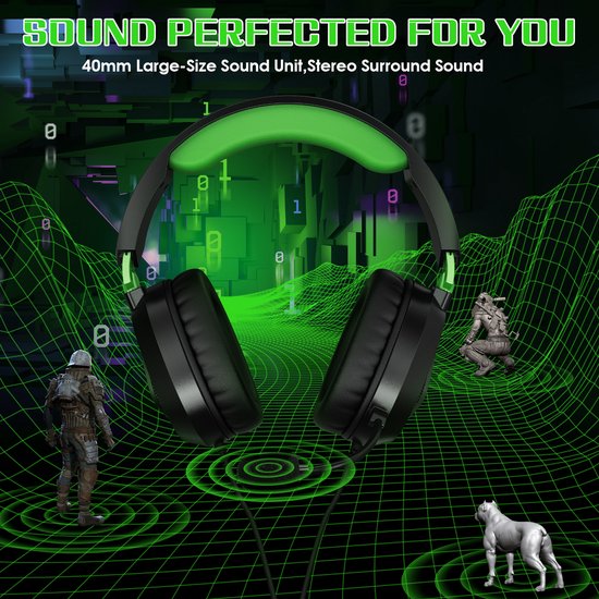 Casque gaming KOTION EACH G3100 - Casque circum-auriculaire avec microphone - Compatible avec Nintendo Switch, PS5, PS4, Xbox Series X|S, Xbox One, appareils mobiles et PC - Noir et vert