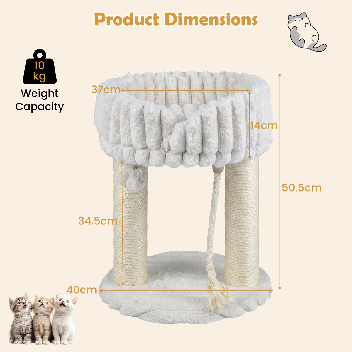 Arbre à chat Coast avec plate-forme de repos - Tiges en sisal et balle en peluche - Compact 40 x 40 x 50,5 cm - Beige/Gris/Blanc