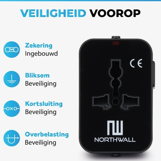 Adaptateur Universel  avec 2 ports USB à charge rapide - Northwall - Prise de voyage internationale pour plus de 150 pays - Angleterre, Amérique, Afrique du Sud, USA, Italie, Royaume-Uni, Australie, Inde, ...
