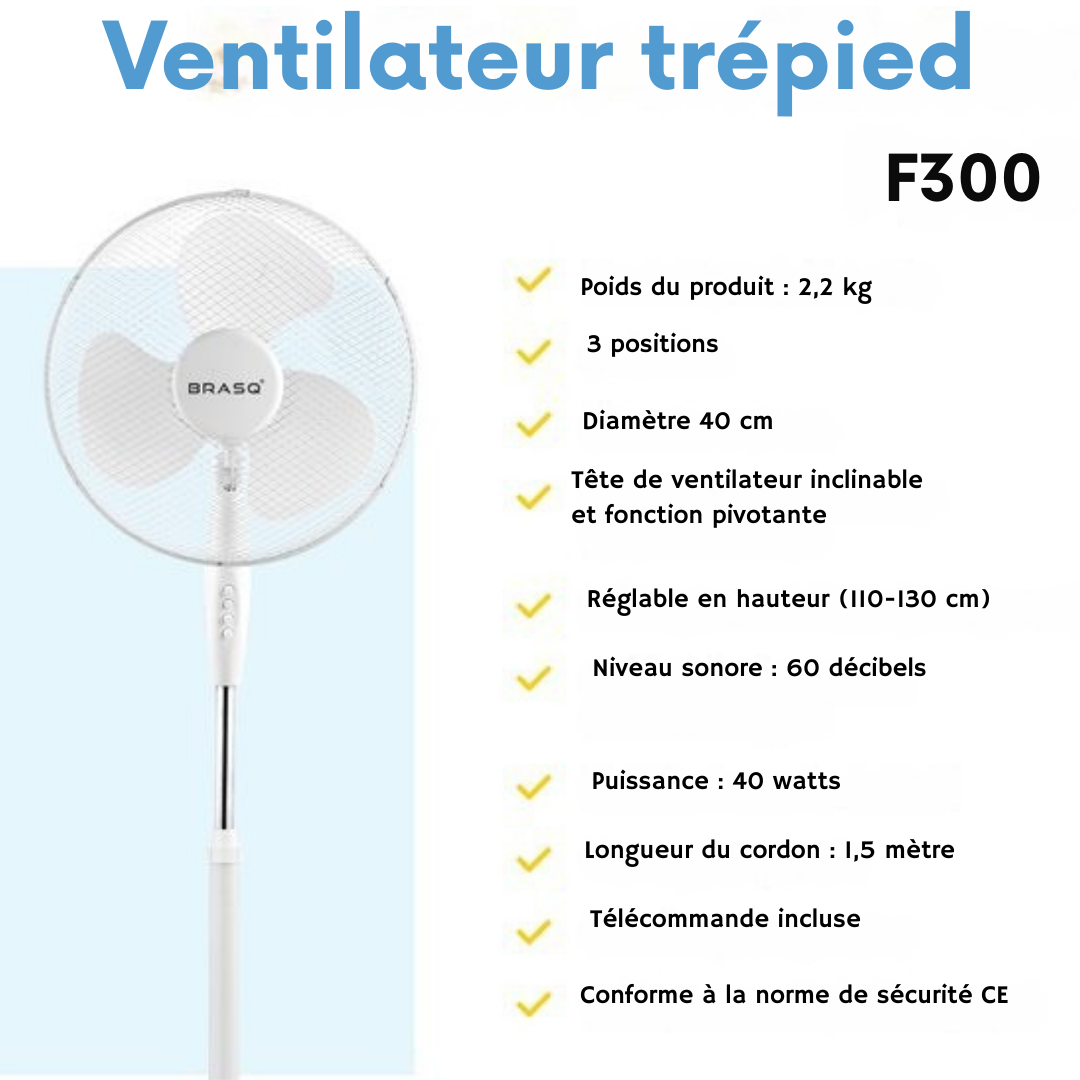 BRASQ Ventilateur trépied - 40 cm - Blanc - Réglable en hauteur - 3 vitesses - 40 watts