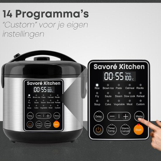 Savoré Kitchen Rice Cooker with Steamer - 3L - 14 Programmes - Multicooker - Rice Cooker - Slow Cooker - PFAS Free - Black stainless steel
