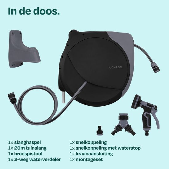 Enrouleur de tuyau automatique VONROC – boîtier mural – avec tuyau d'arrosage haut de gamme de 20 m, pistolet d'arrosage à 8 positions et raccords – noir/gris