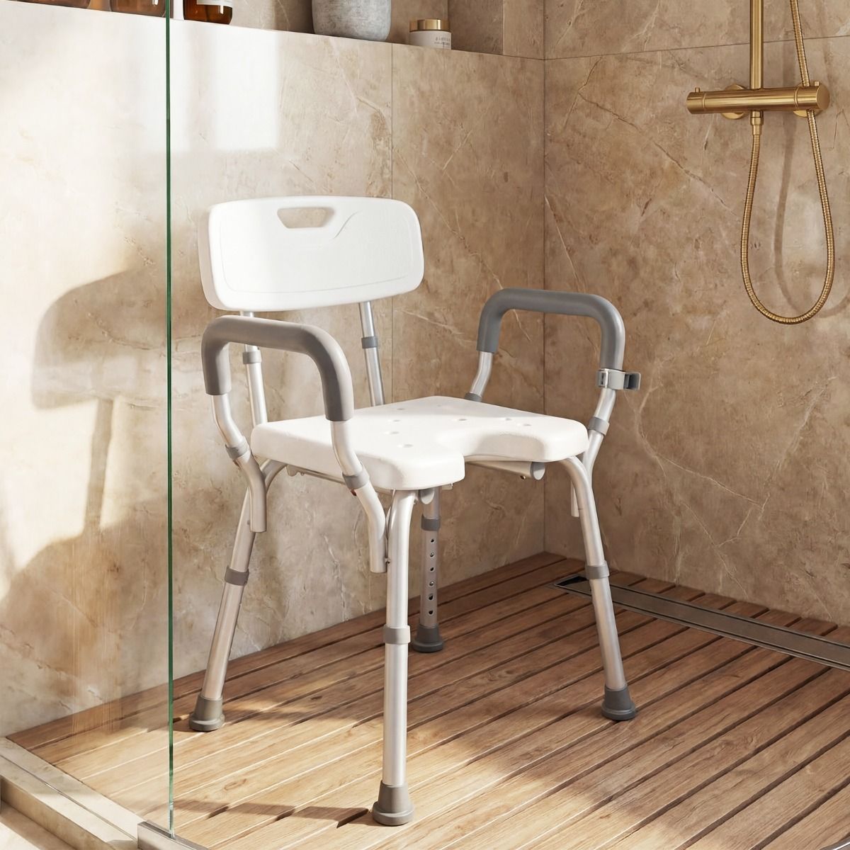 Chaise de douche Coast avec dossier - accoudoirs rembourrés - réglable sur 6 hauteurs - blanc et argent