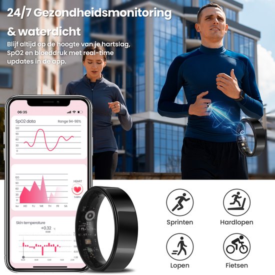 Bague intelligente - Taille 7 - pour femmes et hommes - Traceur d'activité - Wearables - Noir - de Saaf