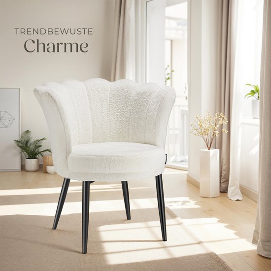tectake® Fauteuil Stella - Fauteuil avec accoudoir - Chaise de salle à manger confortable - Chaise de cuisine - Rembourrage épais - Pour le salon et la salle à manger - Avec revêtement en fausse fourrure - crème/noir