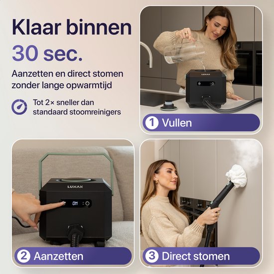 Nettoyeur vapeur LUMAN MAX – 2 600 W - 60 min d'autonomie - Réservoir d'eau de 2,5 L – Nettoyeur vapeur à main et nettoyeur de tapis - Noir