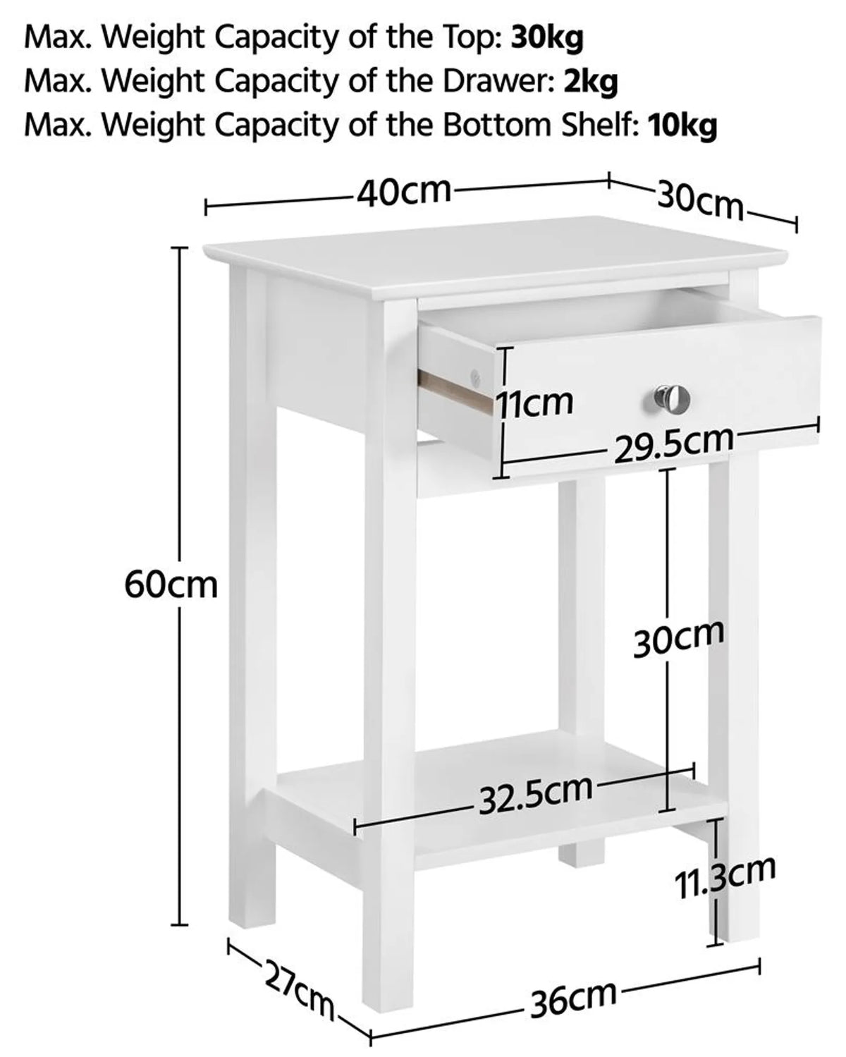 Yaheetech : table de chevet design avec tiroir et étagère, 40 x 30 x 61 cm – Blanc intemporel – MDF