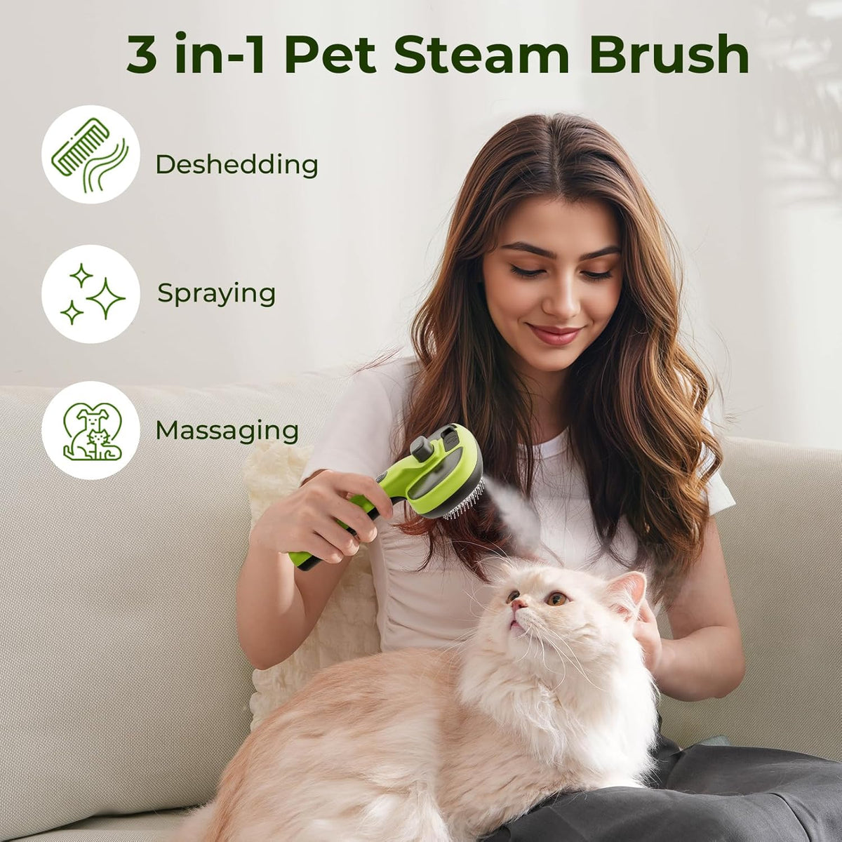 Brosse à vapeur Pecute pour animaux de compagnie, réservoir d'eau de 55 ml, autonettoyante en un clic, brosse de toilettage en acier inoxydable rechargeable par USB pour chats et chiens, verte