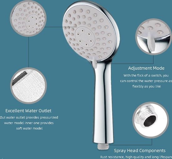 Fuegobird Pomme de douche - avec tuyau et support - 3 fonctions - Douchette à main à économie d'eau - Silver