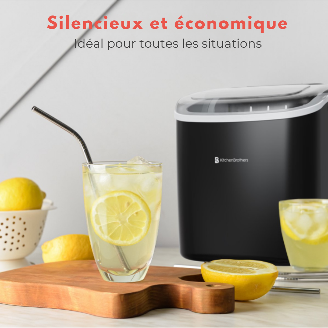 Machine à glaçons KitchenBrothers - 7 à 9 min - Portable avec poignée - Pelle à glaçons incluse - Noir