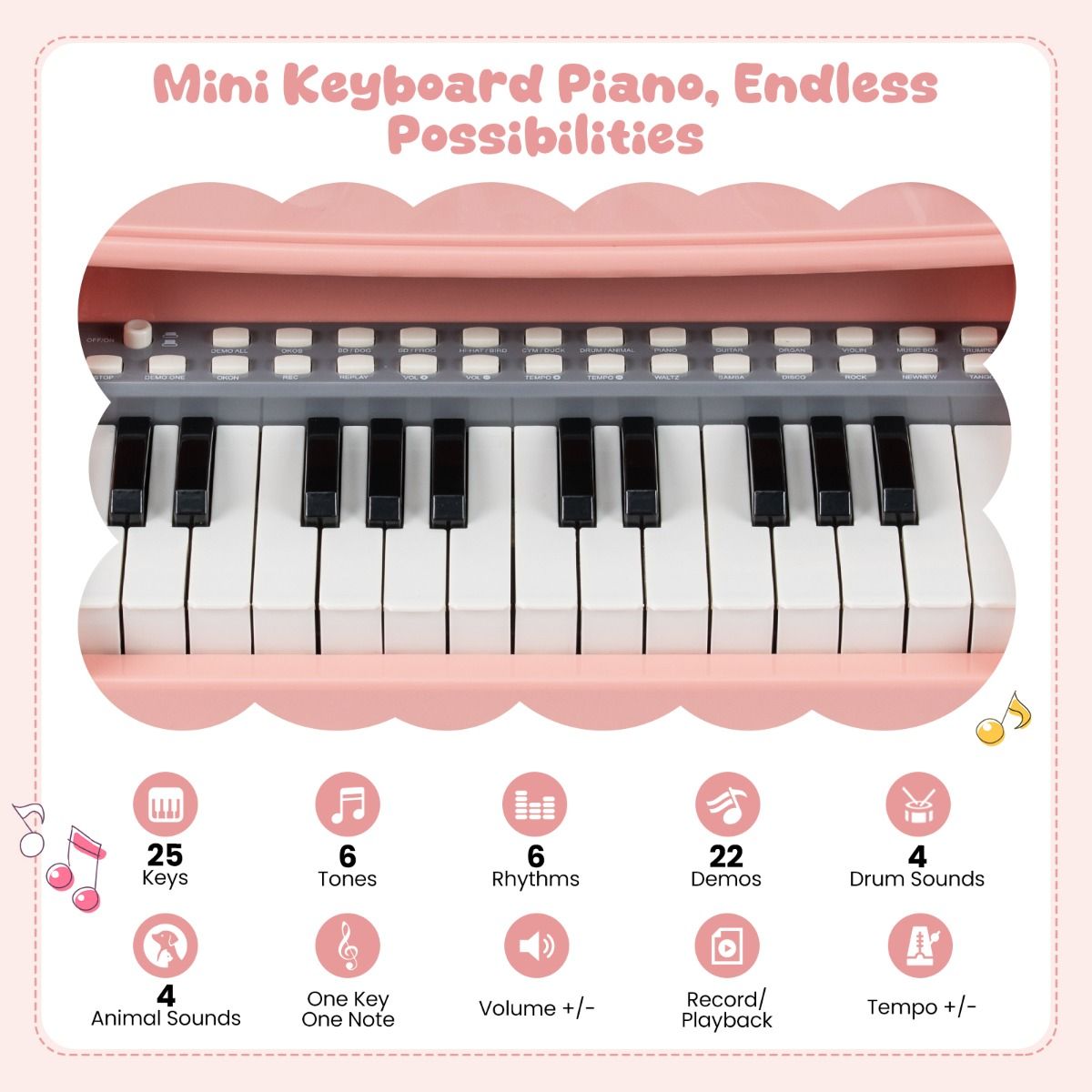 Piano-clavier pour enfants Coast - 25 touches - avec tabouret, pupitre et micro - rose et gris