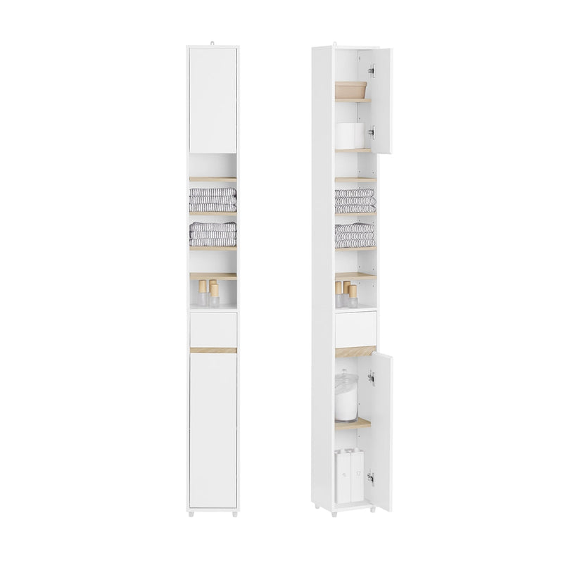 SoBuy BZR34-WN Meuble de salle de bain haut 20x20x180 cm - Blanc et bois - Meuble de rangement étroit et indépendant avec étagères et tiroirs réglables