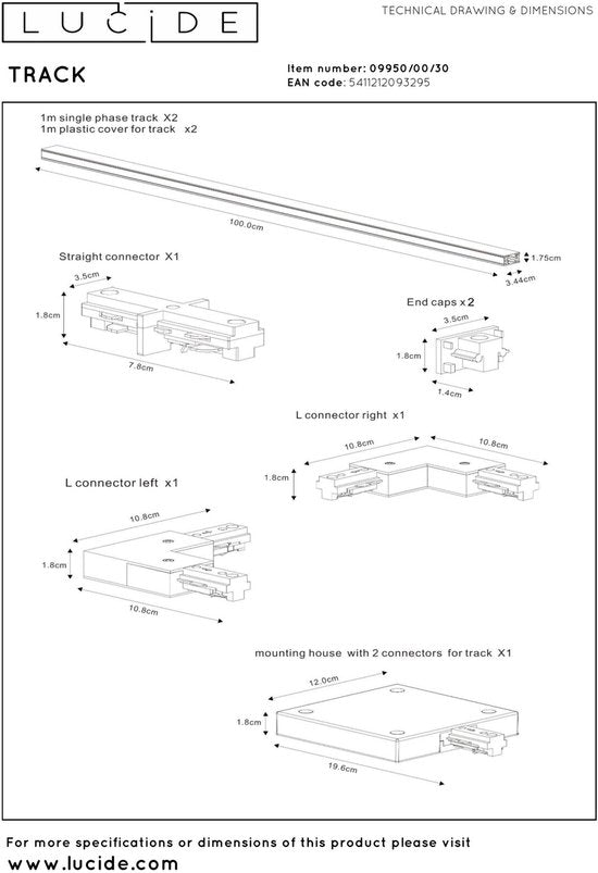 Kit de démarrage Lucide TRACK - Système de rails monophasé / Éclairage sur rail - 2 mètres - Noir
