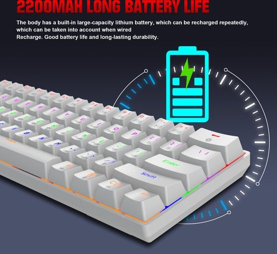 HXSJ L800 Wireless Mechanical TKL Gaming Keyboard - RGB - filaire / 2.4GHz RF / Bluetooth - QWERTY - 61 touches - commutateur bleu - blanc