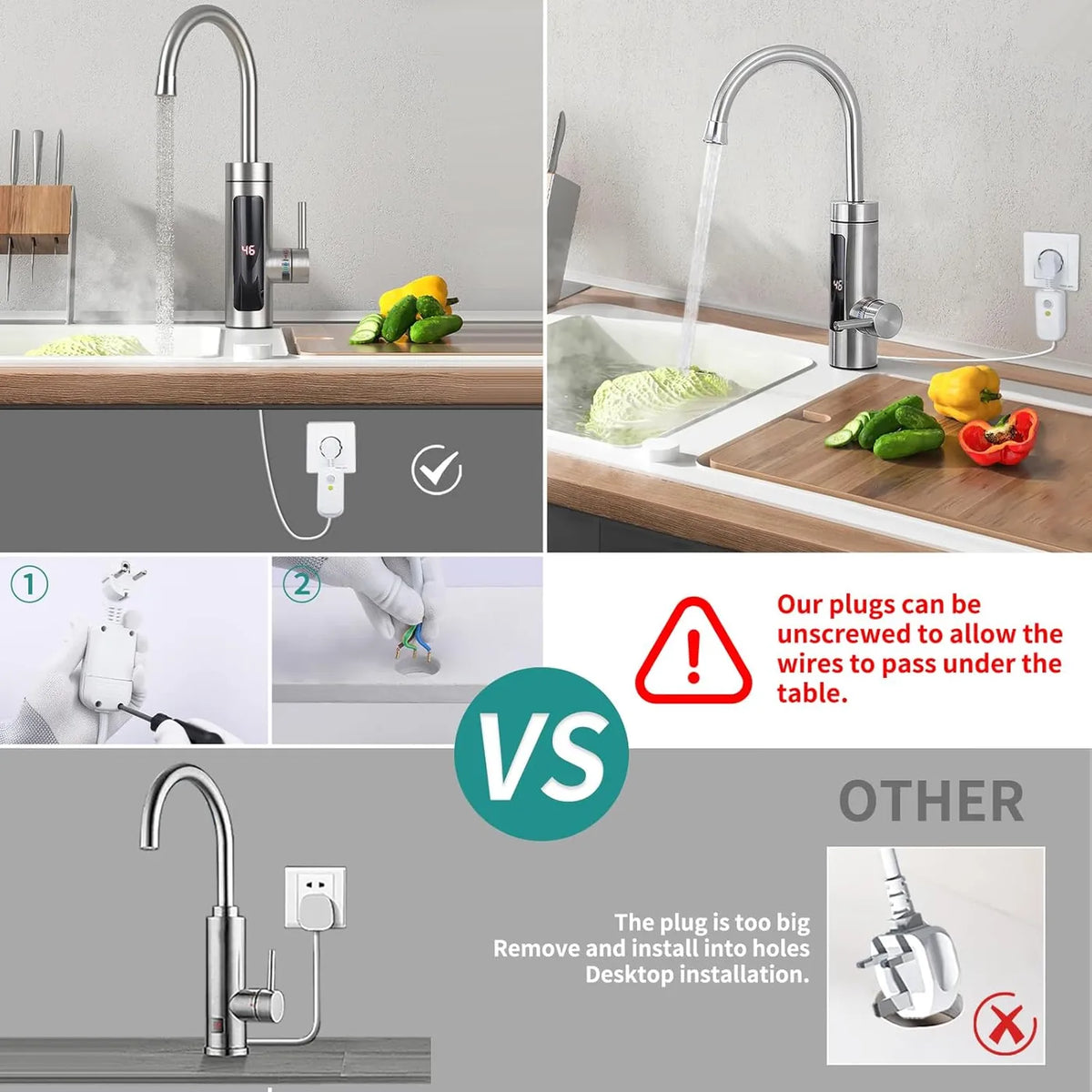 Robinet de cuisine électrique HOMELODY avec chauffe-eau instantané - 3 000 W - 230 V - Écran LED - Acier inoxydable - Argent brossé
