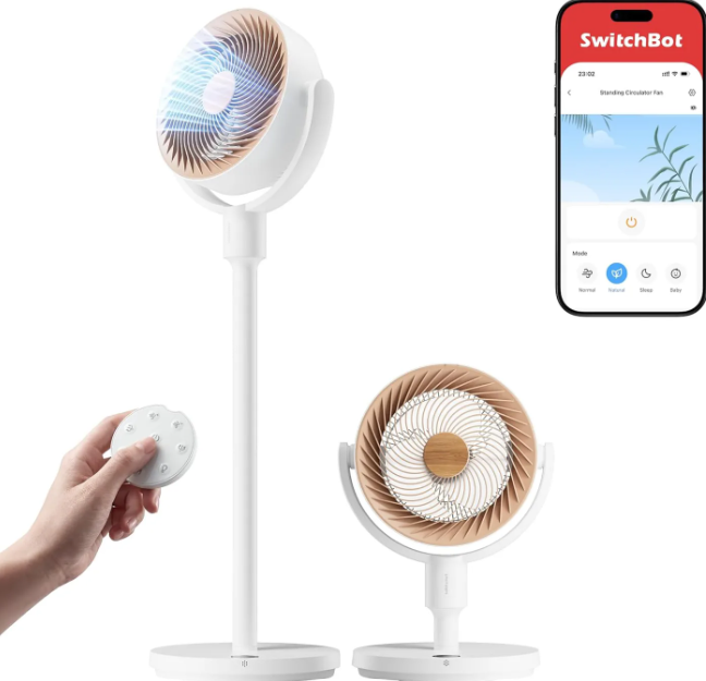 Ventilateur sur pied intelligent SwitchBot - 24 W - 9 vitesses - Commande via l'application - Oscillation à 90° - Rechargeable - Blanc
