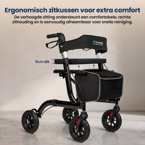 Rollator TrueSafe léger et pliable (6,9 kg) - Pour l'intérieur et l'extérieur - Avec coussin d'assise ergonomique, éclairage, dossier, support pour canne et bien plus encore - Noir