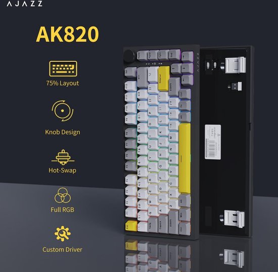 Ajazz AK820 - Clavier gaming RGB filaire à 75 % - Mécanique - Gasket - Hot Swap - Bouton de volume - Claviers QWERTY - 82 touches - Jaune clair de lune