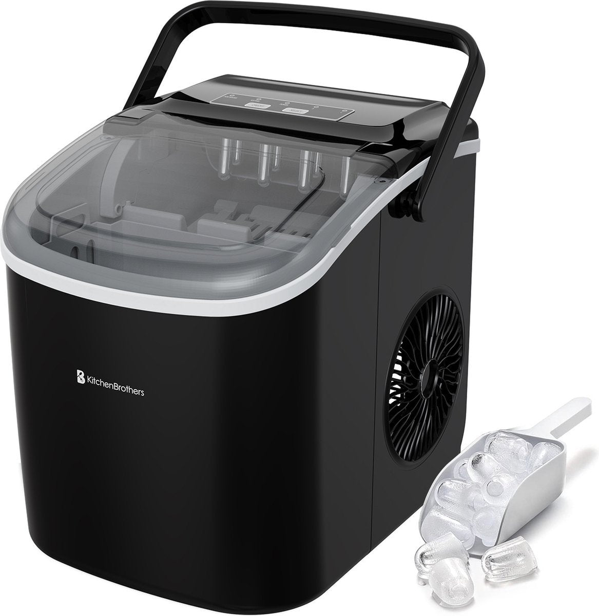 Machine à glaçons KitchenBrothers - 7 à 9 min - Portable avec poignée - Pelle à glaçons incluse - Noir