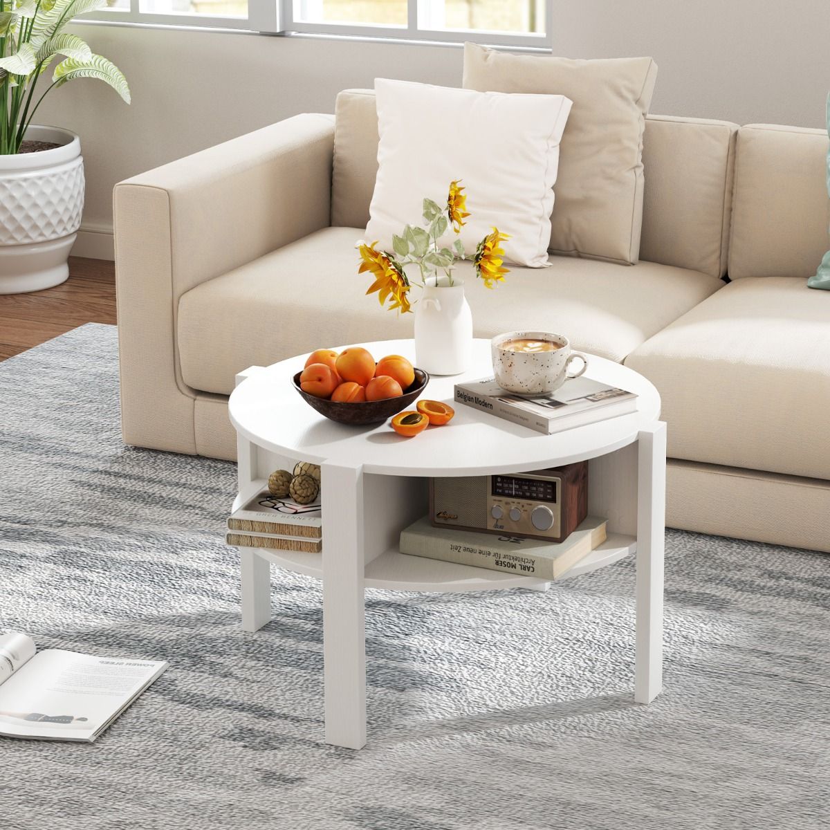 Table basse ronde Coast - avec espace de rangement - 4 étagères - blanche 74,5 x 74,5 x 45,5 cm