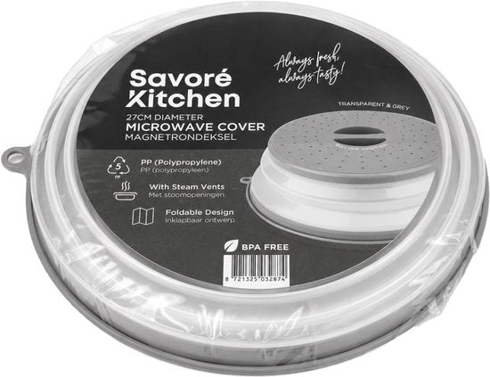 Couvercle pour micro-ondes Savoré Kitchen 27 cm - Pliable - Avec orifices de ventilation - Sans BPA - Transparent et gris