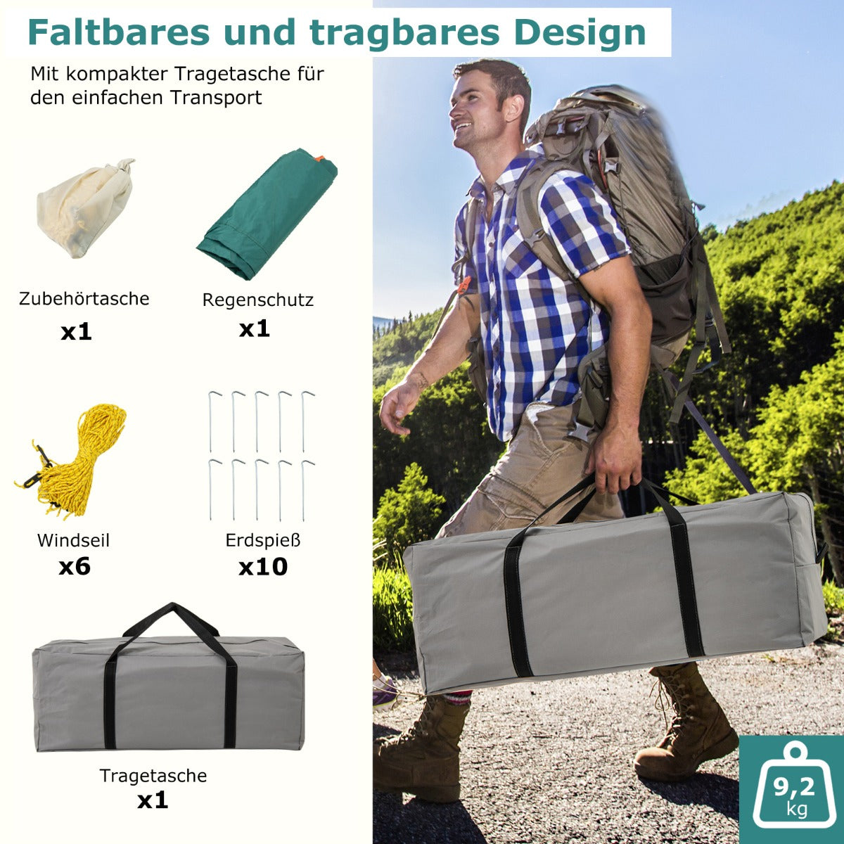 Coast Tente familiale avec auvent - 2 Chambres - 2 Entrées - 320 x 210 x 180 cm - Verte