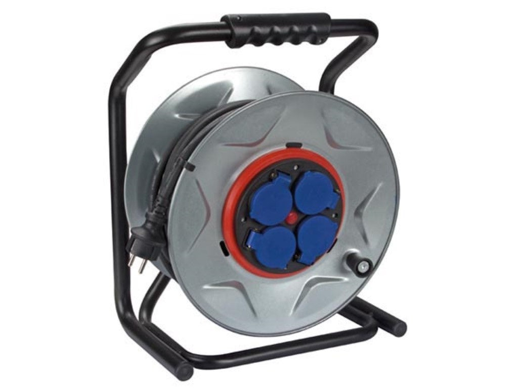 Perel Professionele kabelhaspel, gebruik binnen- en buitenshuis, spatwaterdicht (IP44), 4 stopcontacten met penaarde, anti-twist-systeem, thermische beveiliging, kabellengte 40 m, 3G2.5, grijs/zwart