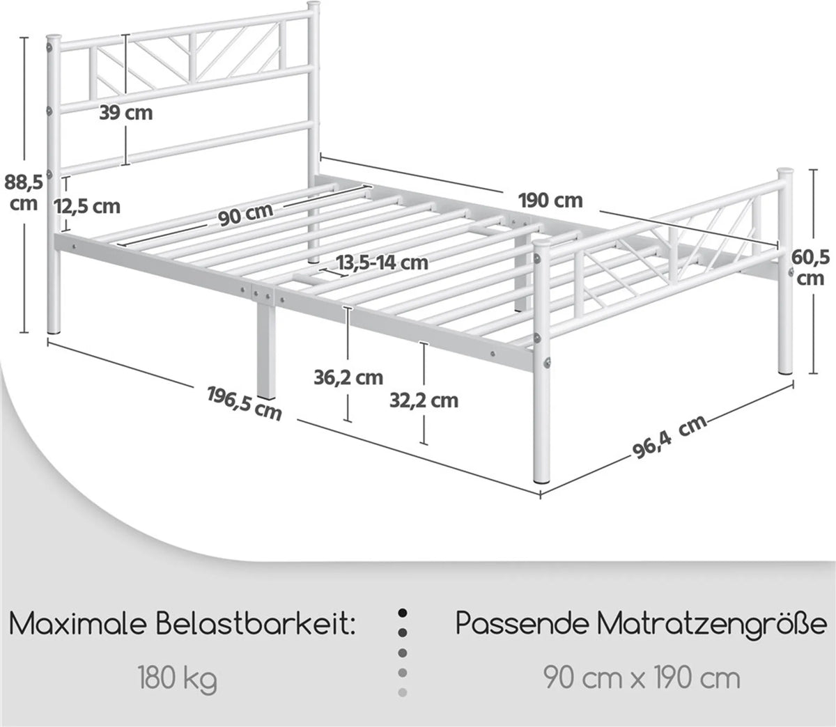 Cadre de lit en métal Yaheetech 90 x 190 cm - 196,5 x 96 x 88,5 cm - Blanc - Hauteur : 32 cm - Avec tête de lit