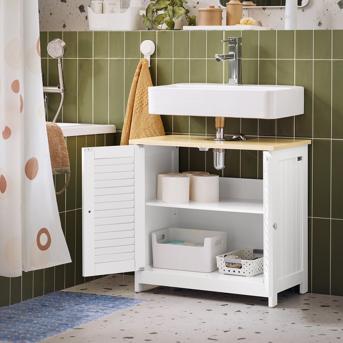 Meuble de salle de bains SoBuy FRG237-WN - Meuble sous-vasque - Porte à lamelles - 60 x 35 x 59 cm - Gris foncé