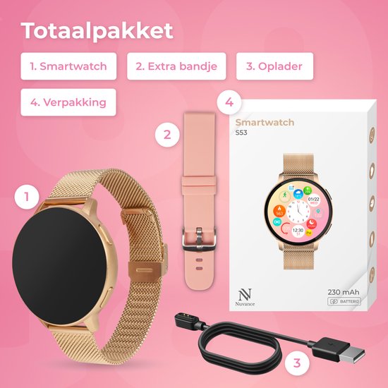 Nuvance Smartwatch Ladies - avec bracelet en acier inoxydable et en silicone - mesure le sport, le sommeil et le corps - or rose