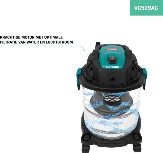 VONROC Nettoyeur de tapis 1400W - Aspirateur tout usage - pour l'aspiration humide et sèche - avec détergent et différents embouts d'aspiration