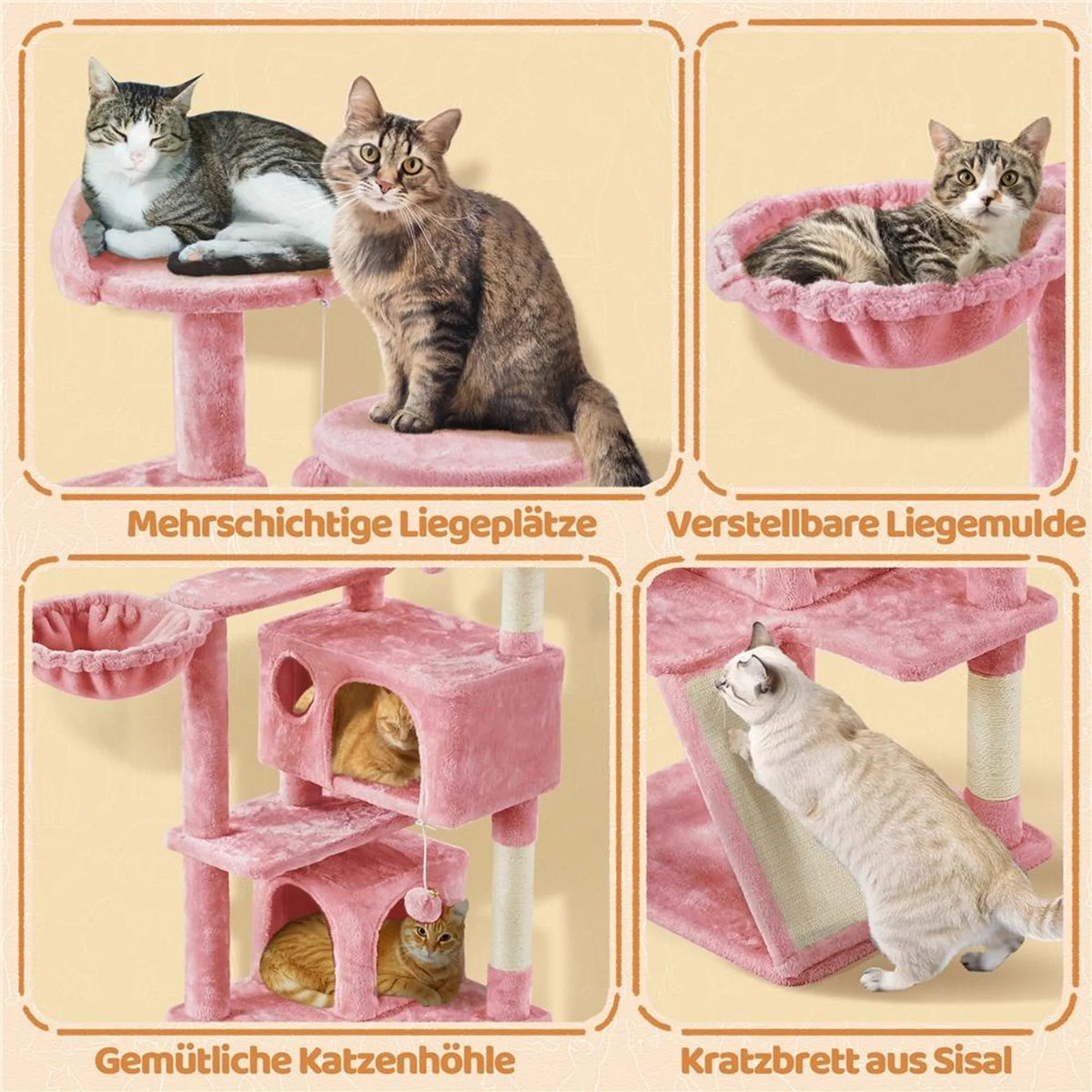 Yaheetech : grand arbre à chat à 5 étages, 146 cm – rose raffiné – sisal et peluche